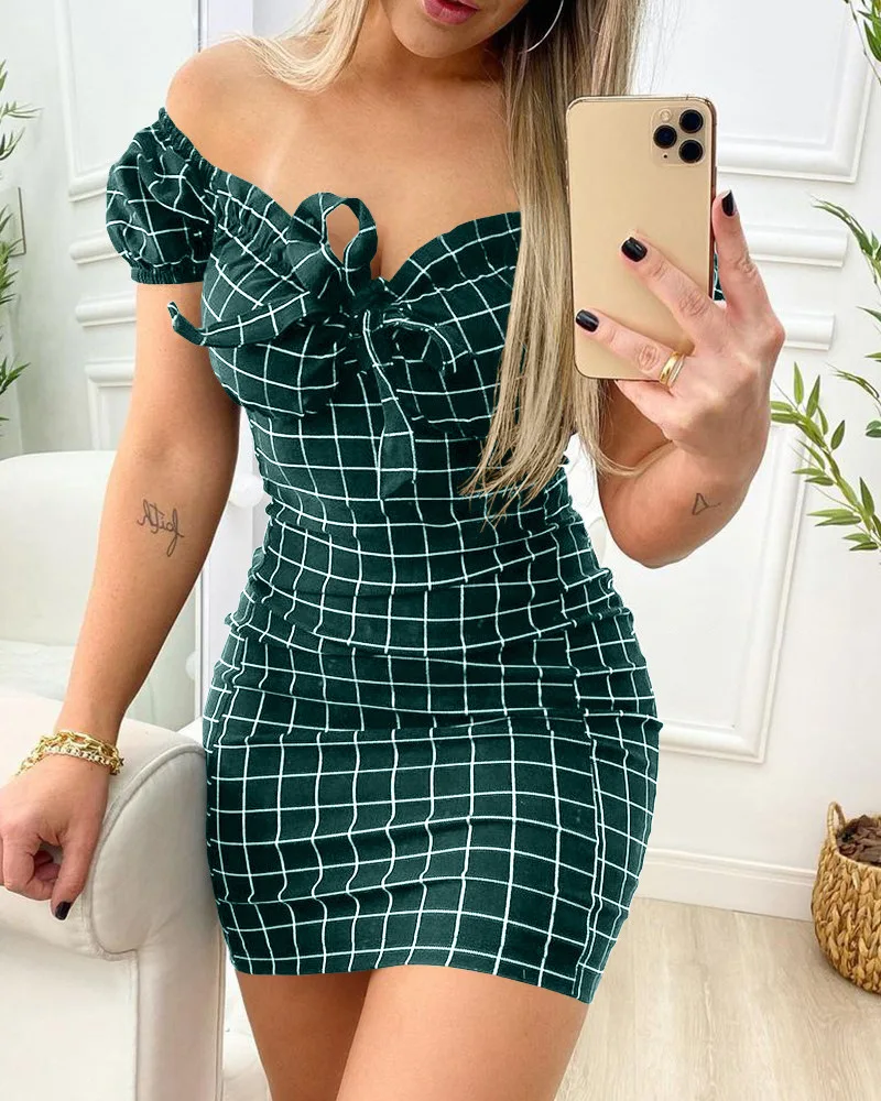 Summer Dress Sexy Short Skirt of Cross Border Grid Print Dress Summer Dress Sexy Short Skirt of Cross Border Grid Print Dress