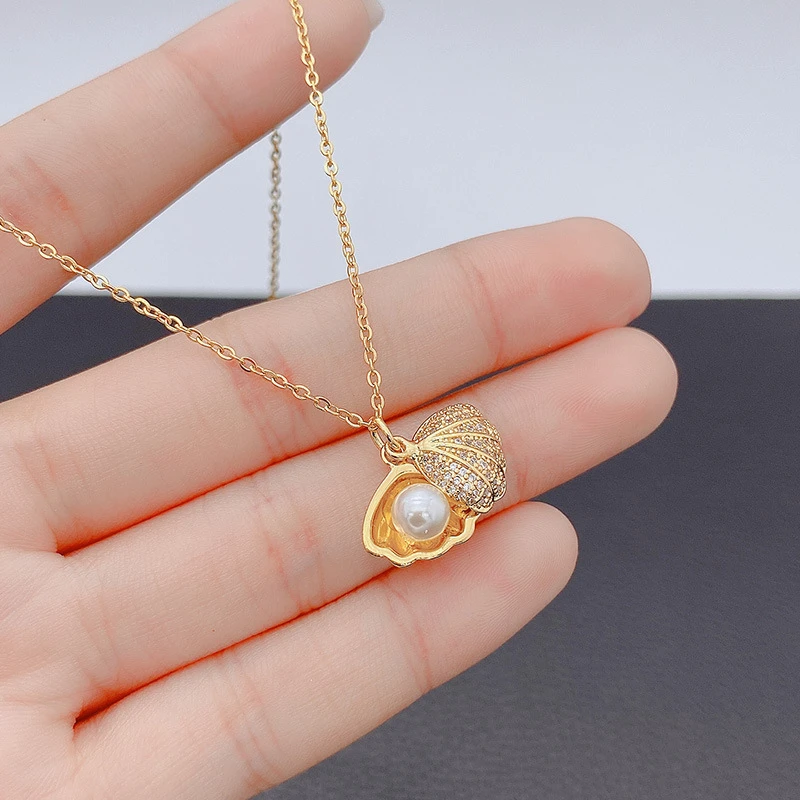Summer Fashion Crystal Zircon Shell Imitation Pearl Pendant Necklace For Women Collar Beach Neck Jewelry