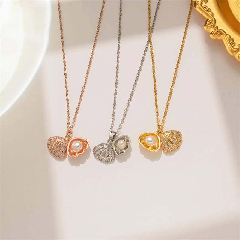 Summer Fashion Crystal Zircon Shell Imitation Pearl Pendant Necklace For Women Collar Beach Neck Jewelry