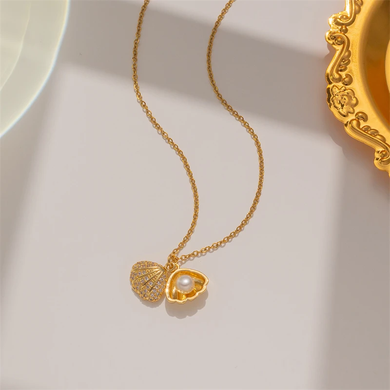 Summer Fashion Crystal Zircon Shell Imitation Pearl Pendant Necklace For Women Collar Beach Neck Jewelry