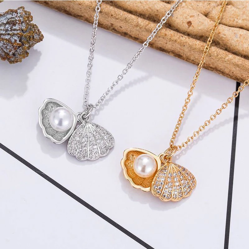Summer Fashion Crystal Zircon Shell Imitation Pearl Pendant Necklace For Women Collar Beach Neck Jewelry
