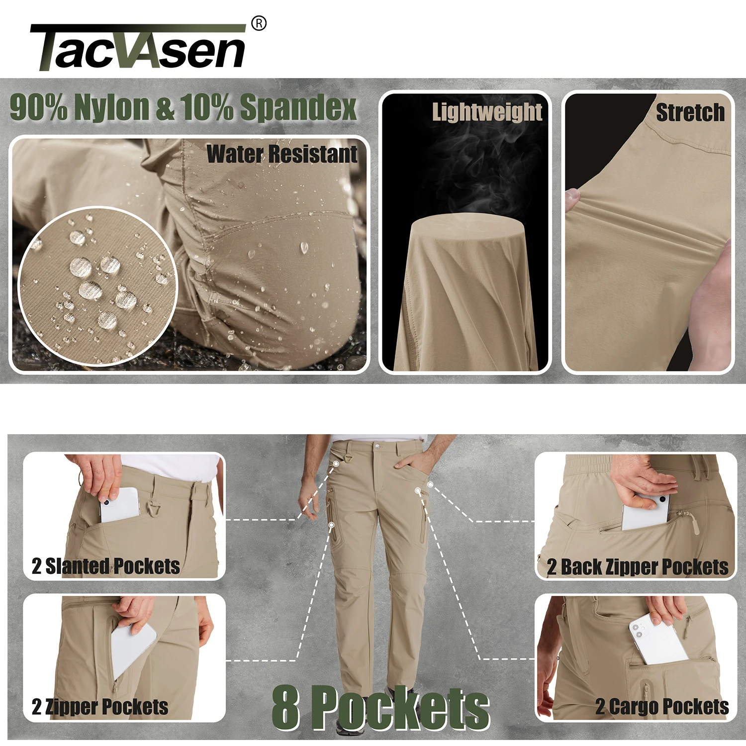 Summer Lightweight Trousers Mens Fishing Pants Outdoor Hiking Nylon Quick Dry Pockets Cargo Pants Casual Work Trousers