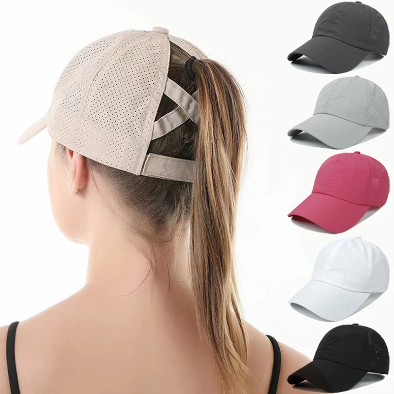 Summer Solid Color Baseball Caps Golf Wear Women Sport Leisure Cross Ponytail Hat Mesh Quick-Drying Half-Hollow Men's