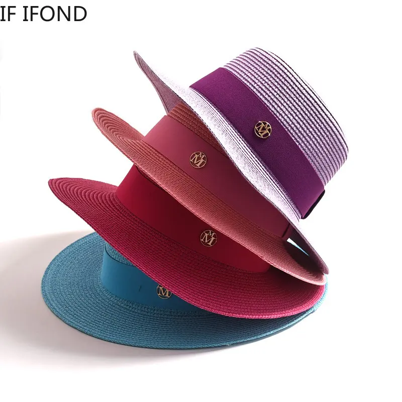 Summer Straw Sun Hats for Women Ladies Fashion Flat Brim Ribbon Beach Hat Travel Dress Cap chapeau femme