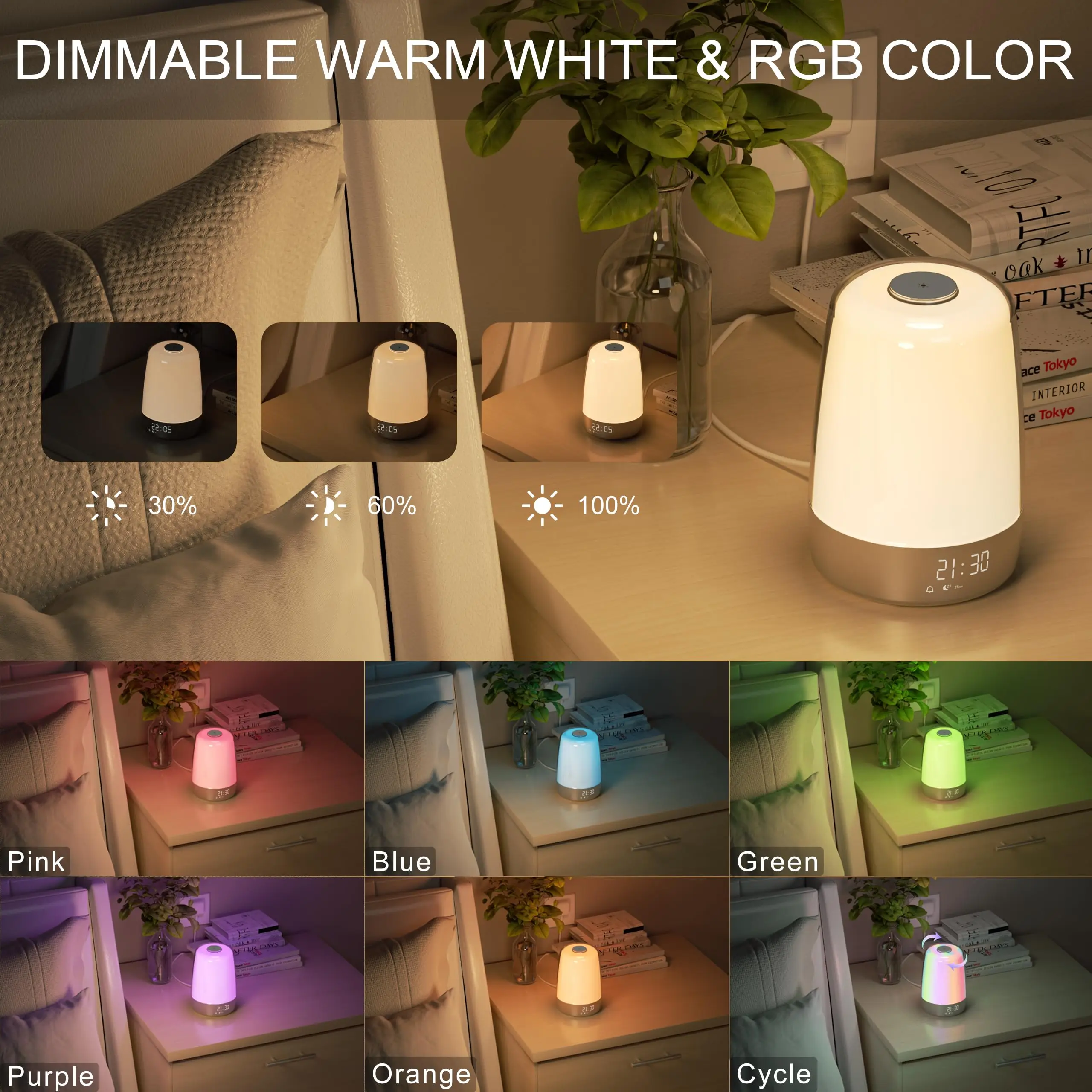 Sunrise Alarm Clock Wake up LED Night Light with Sunrise Simulation Dimmable Ambient Touch Bedsides Lamp 6 RGB Color