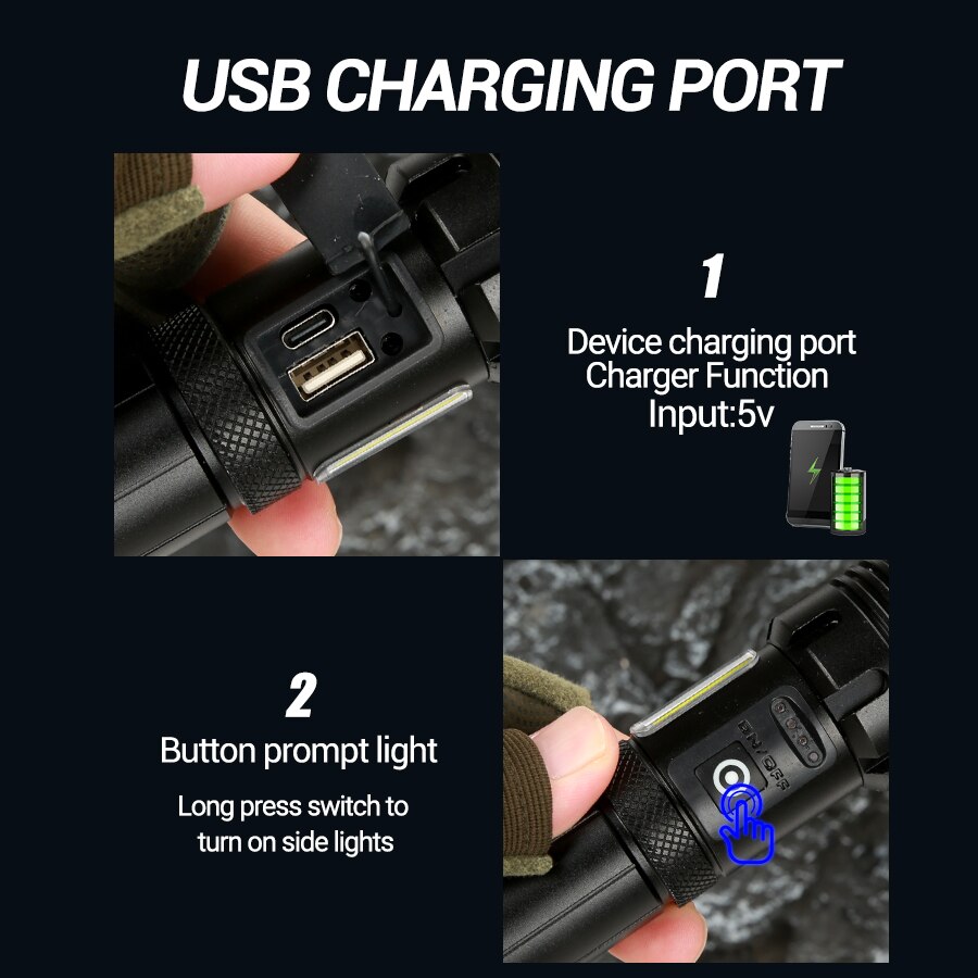 Super Bright Powerful Led Flashlight Power Bank Torch Light USB Rechargeable Camping Tactical Flashlight with COB Lamp Super Bright Powerful Led Flashlight Power Bank Torch Light USB Rechargeable Camping Tactical Flashlight with COB Lamp