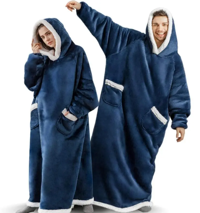Super Long Flannel Blanket with Sleeves Winter Hoodies Sweatshirt Women Men Pullover Fleece Giant TV Blanket Oversized