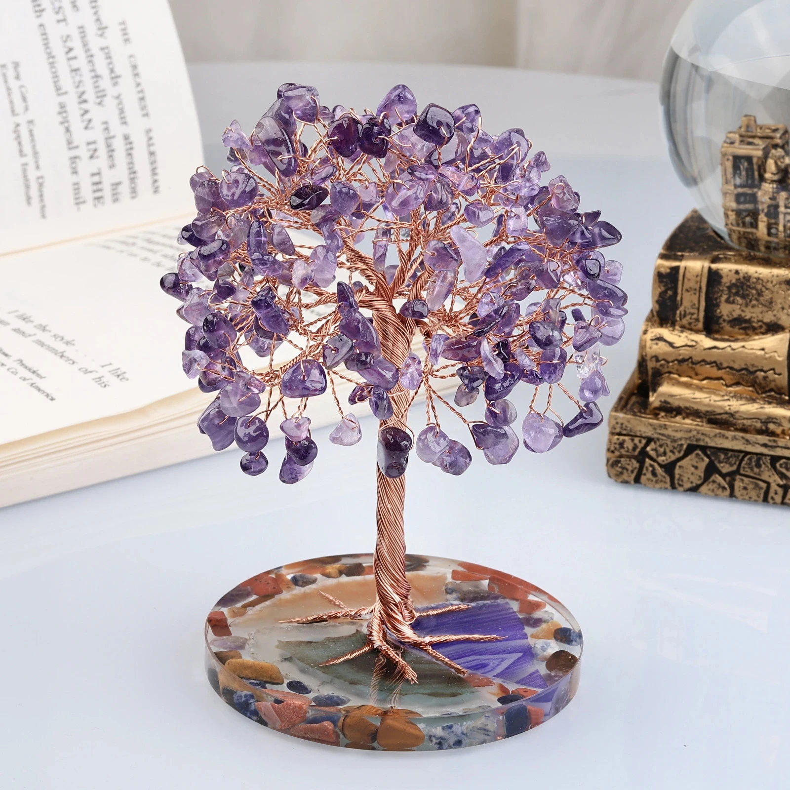Super Mini Crystal Money Tree Copper Wire Wrapped W/ Agate Slice Base Healing Gemstone Yoga Feng Shui Trees Home