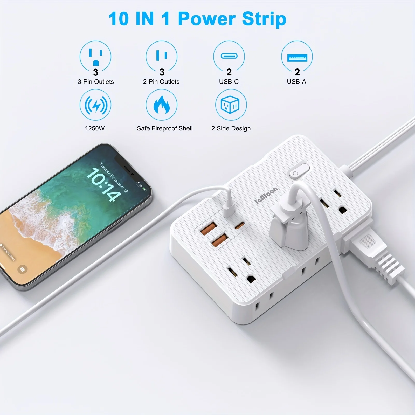 Surge Protector Ultra Thin Flat US Plug with 6 Widely Outlets 4 USB Ports,5ft Extender Cable,Power Strip Adapter for