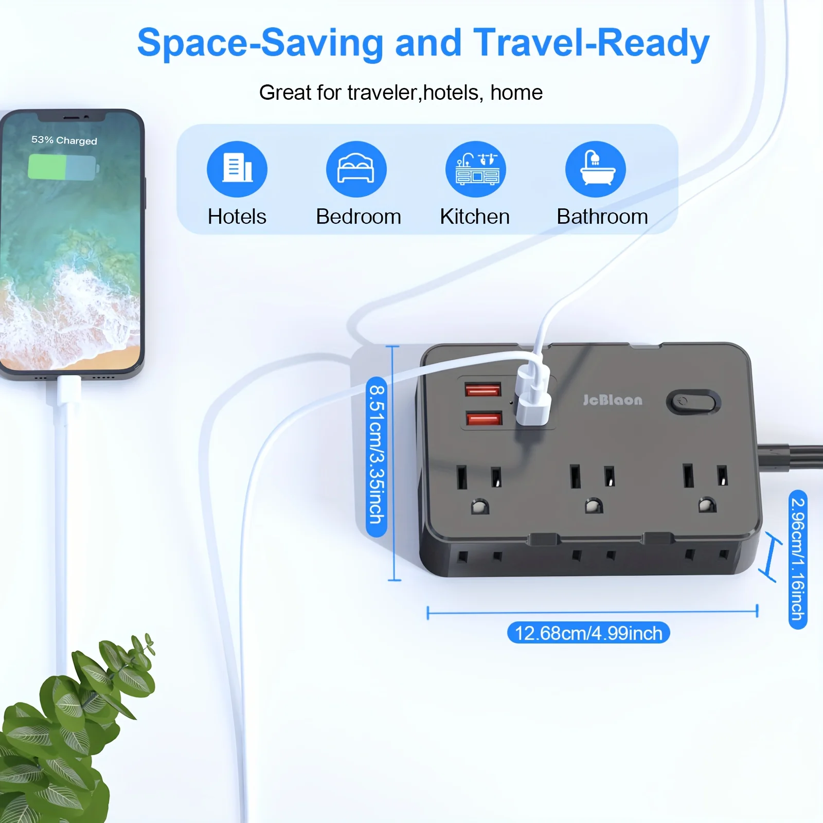 Surge Protector Ultra Thin Flat US Plug with 6 Widely Outlets 4 USB Ports,5ft Extender Cable,Power Strip Adapter for