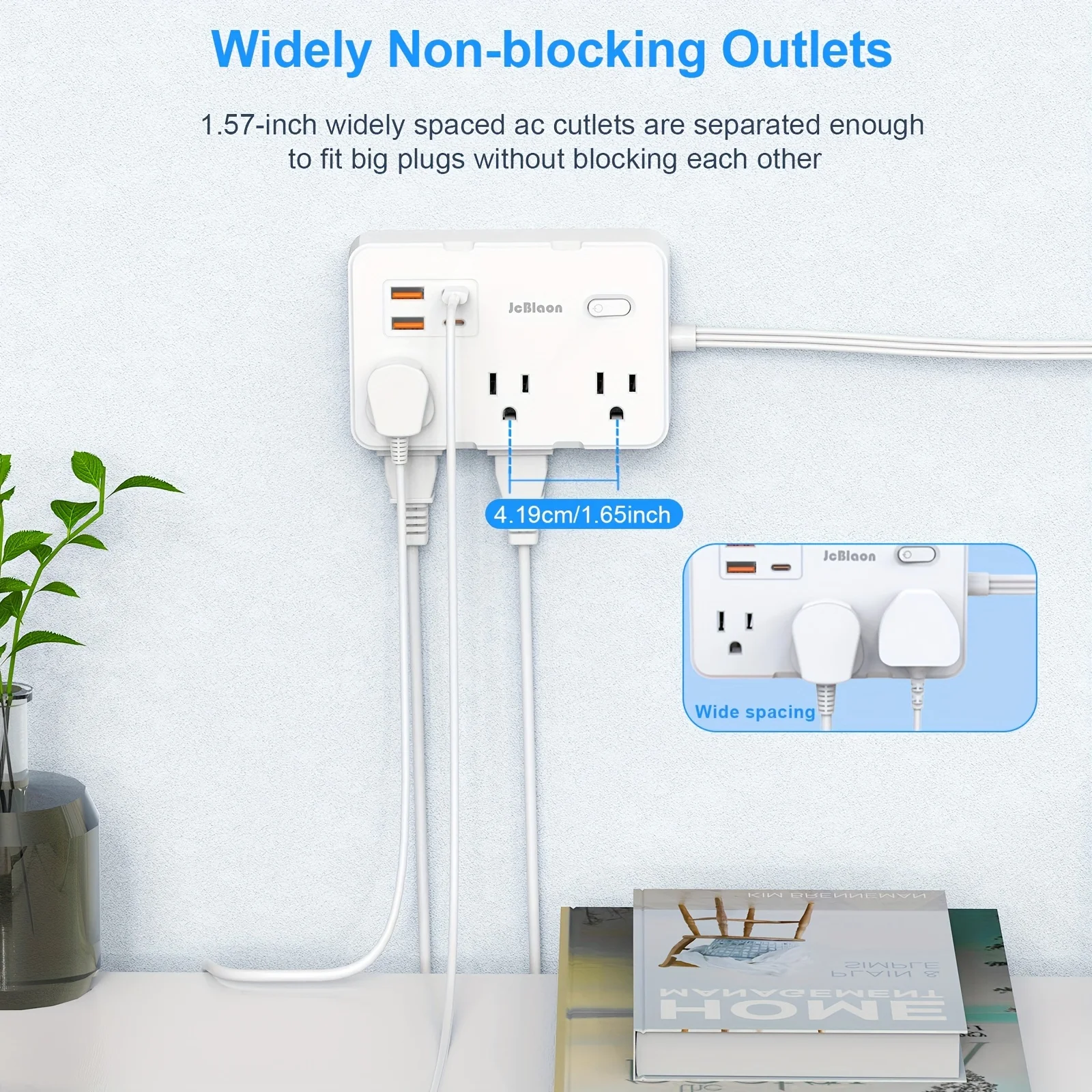 Surge Protector Ultra Thin Flat US Plug with 6 Widely Outlets 4 USB Ports,5ft Extender Cable,Power Strip Adapter for