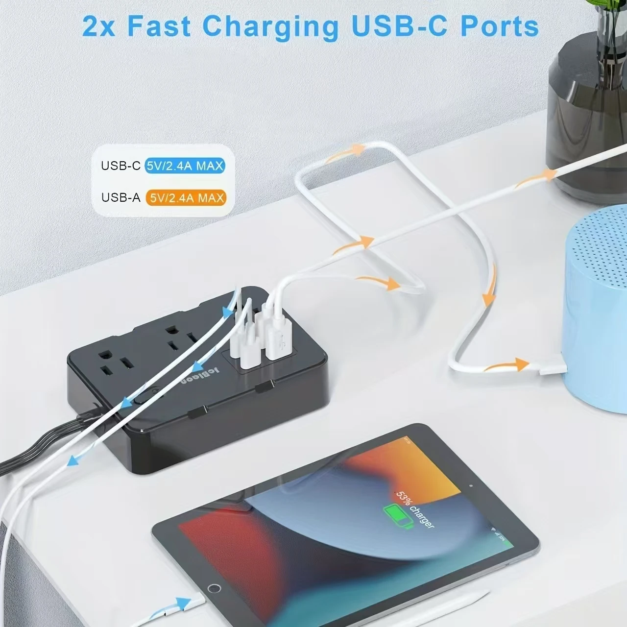 Surge Protector Ultra Thin Flat US Plug with 6 Widely Outlets 4 USB Ports,5ft Extender Cable,Power Strip Adapter for
