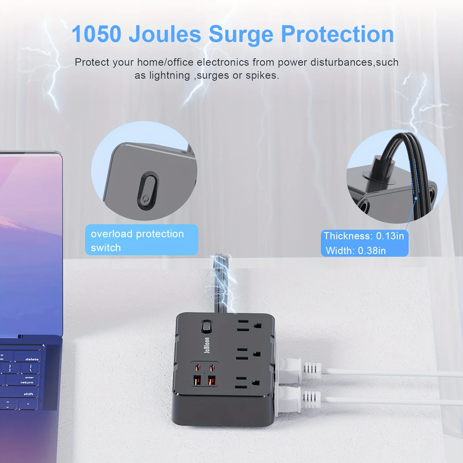 Surge Protector Ultra Thin Flat US Plug with 6 Widely Outlets 4 USB Ports,5ft Extender Cable,Power Strip Adapter for