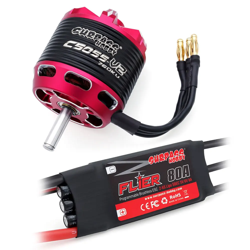 Surpass Hobby C5045 C5055 C5065 V2 Brushless Outrunner Motor 2-6S w/ 60A 80A 100A Brushless ESC For RC Aircraft Plane