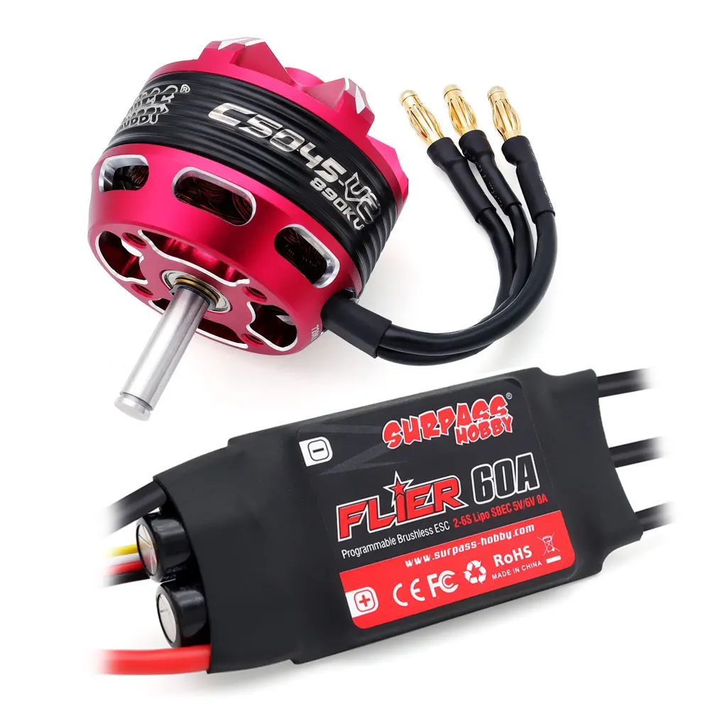 Surpass Hobby C5045 C5055 C5065 V2 Brushless Outrunner Motor 2-6S w/ 60A 80A 100A Brushless ESC For RC Aircraft Plane