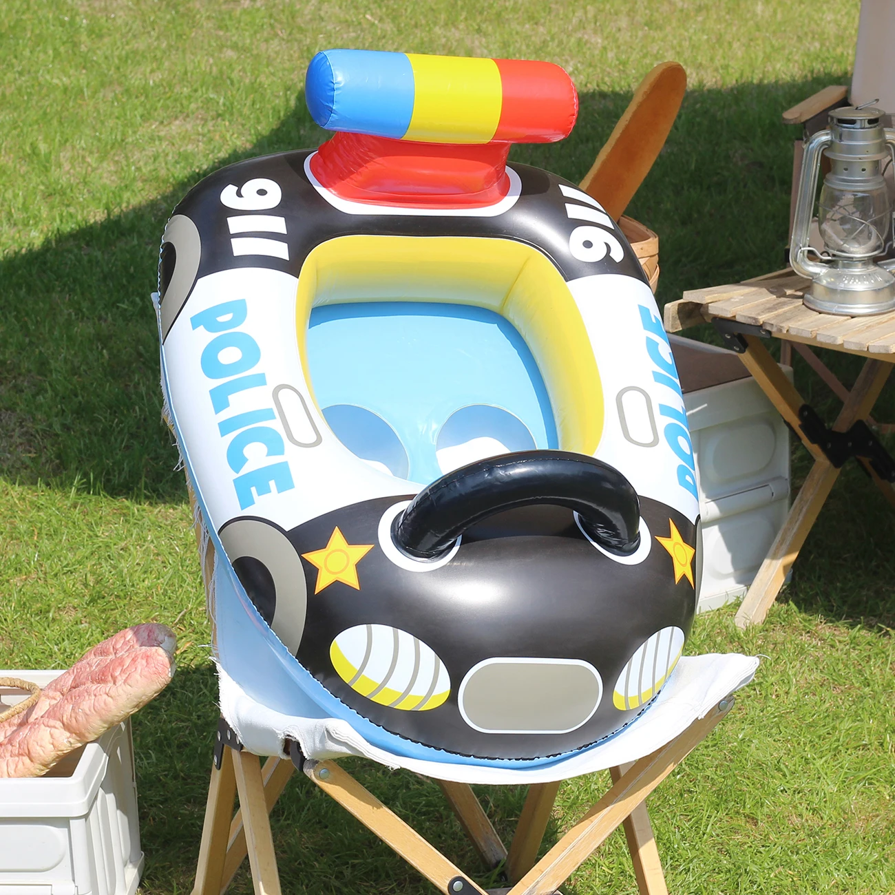 Swimming Pool Float Ring Seat, Police Car-shaped Boat Inflatable Summer Beach Pool Tube with Handles