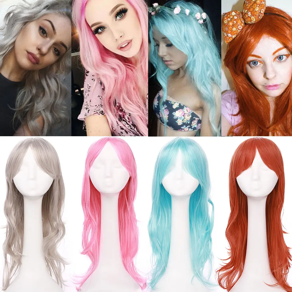 Synthetic 22inch Loose Wave Wigs Halloween Cosplay Wig Blue Red Pink Grey Purple Hair Wig Cosplay for party