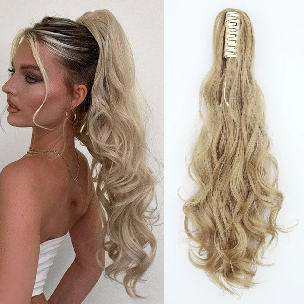 Synthetic 24Inch Long Wavy Claw Clip On Ponytail Hair Extension Blonde Ponytail Extension For Women Pony Tail Hair