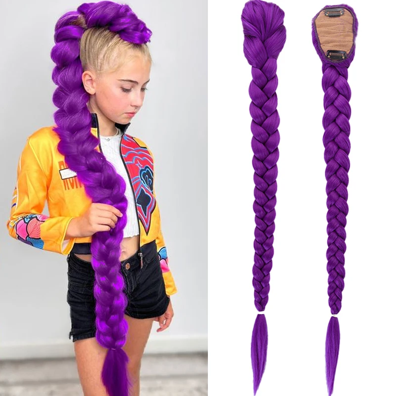 Synthetic Braided Purple Hair Ponytail Rumi Costume Hairstyle 26inch Long Ponytail with Clips for Kids Girls Halloween