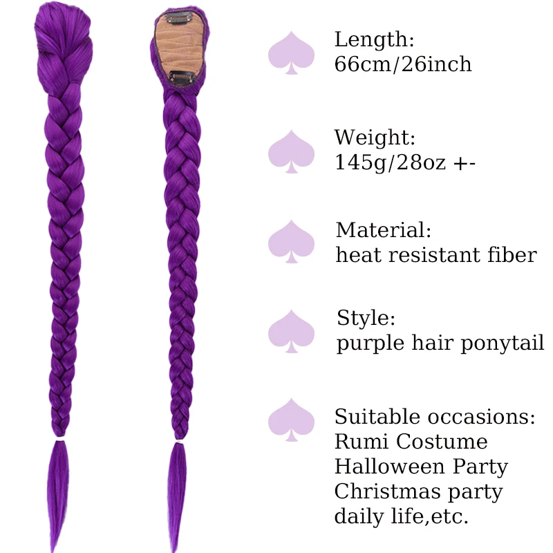 Synthetic Braided Purple Hair Ponytail Rumi Costume Hairstyle 26inch Long Ponytail with Clips for Kids Girls Halloween