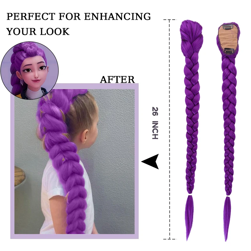 Synthetic Braided Purple Hair Ponytail Rumi Costume Hairstyle 26inch Long Ponytail with Clips for Kids Girls Halloween