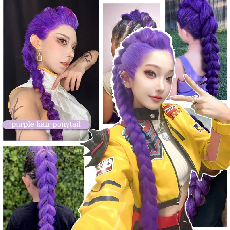 Synthetic Braided Purple Hair Ponytail Rumi Costume Hairstyle 26inch Long Ponytail with Clips for Kids Girls Halloween