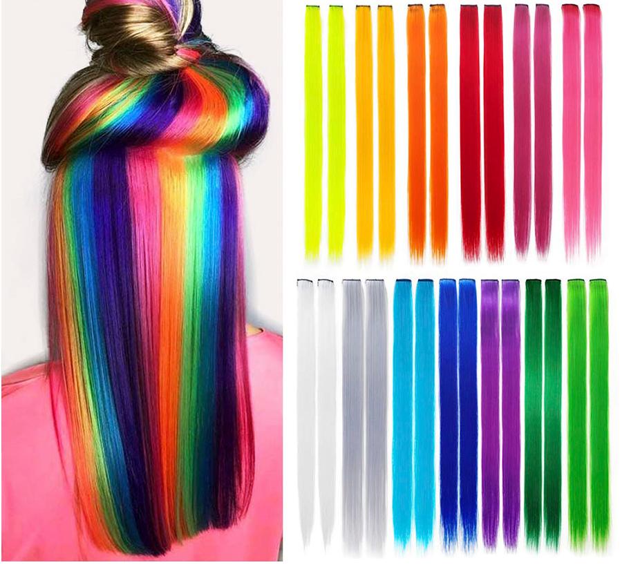 Synthetic Clip In One Pieces Raiinbow Hair Extensions Straight Synthetic Hair Pieces 18" Long Ombre Hair Pink Purple