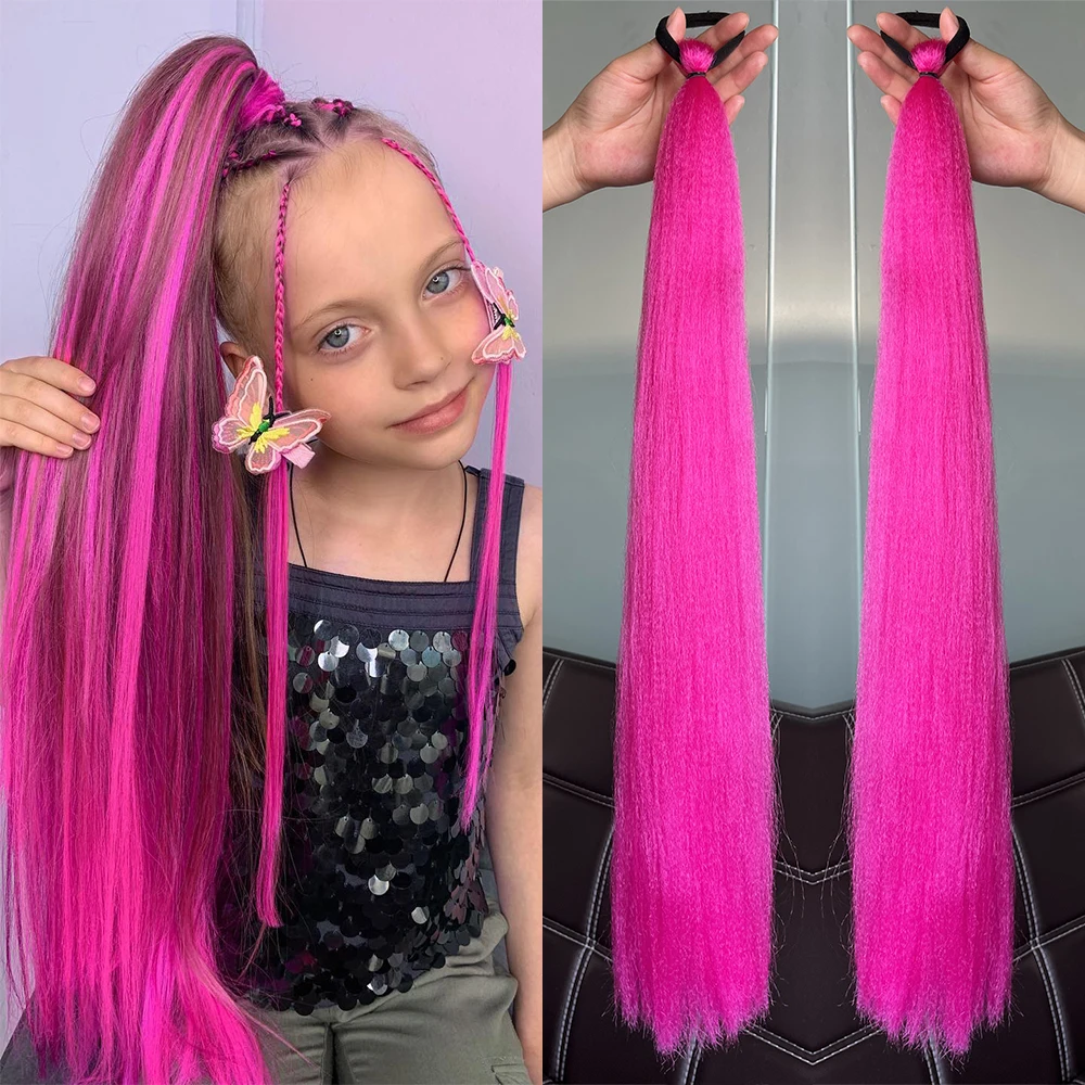 Synthetic Colorful Ponytail Extension 2Pcs Long Straight DIY Braided Pony Tail Hairpiece with Rubber Band Women Hair