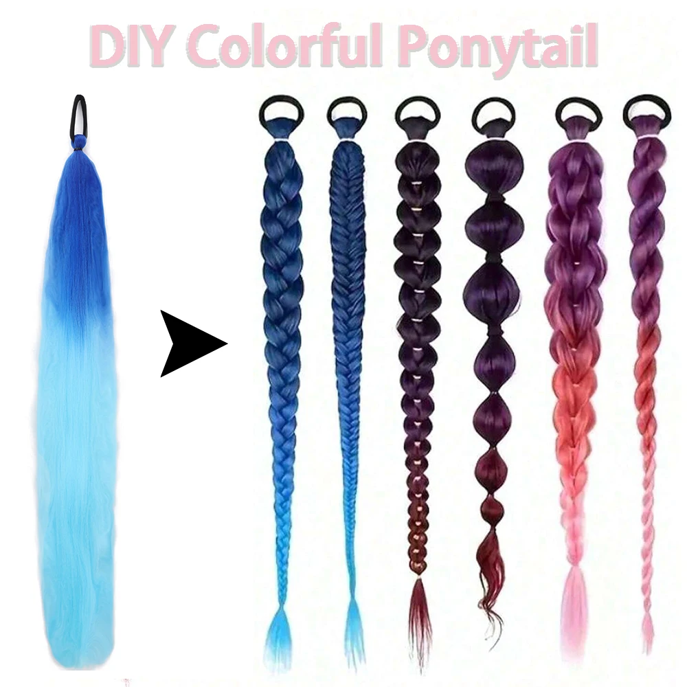 Synthetic Colorful Ponytail Extension 2Pcs Long Straight DIY Braided Pony Tail Hairpiece with Rubber Band Women Hair Synthetic Colorful Ponytail Extension 2Pcs Long Straight DIY Braided Pony Tail Hairpiece with Rubber Band Women Hair