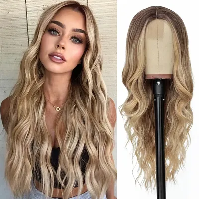 Synthetic Long Lace Ombre Blonde Wavy Wig for Women 26 Inch Middle Part Curly Natural Looking Heat Resistant Fiber for