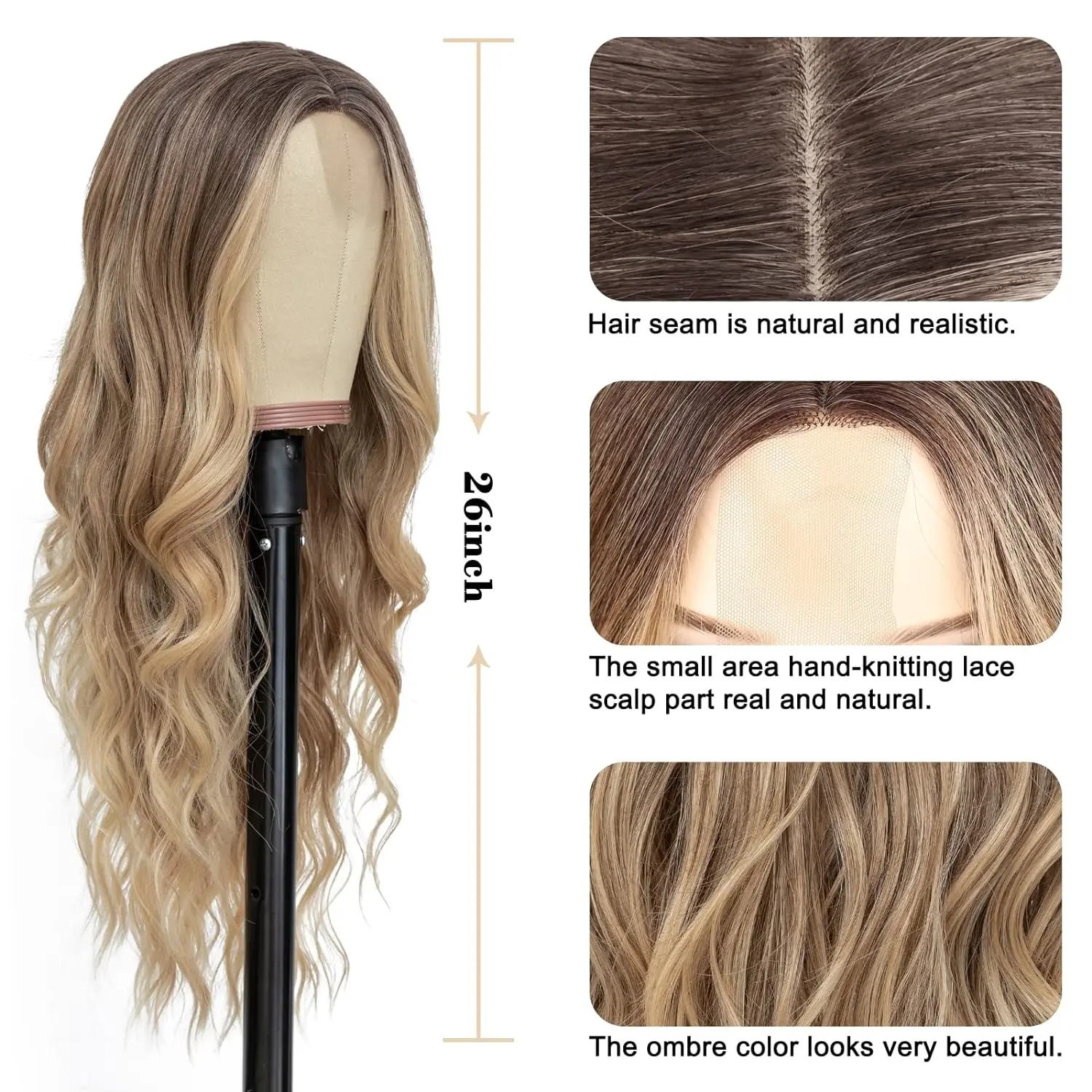 Synthetic Long Lace Ombre Blonde Wavy Wig for Women 26 Inch Middle Part Curly Natural Looking Heat Resistant Fiber for