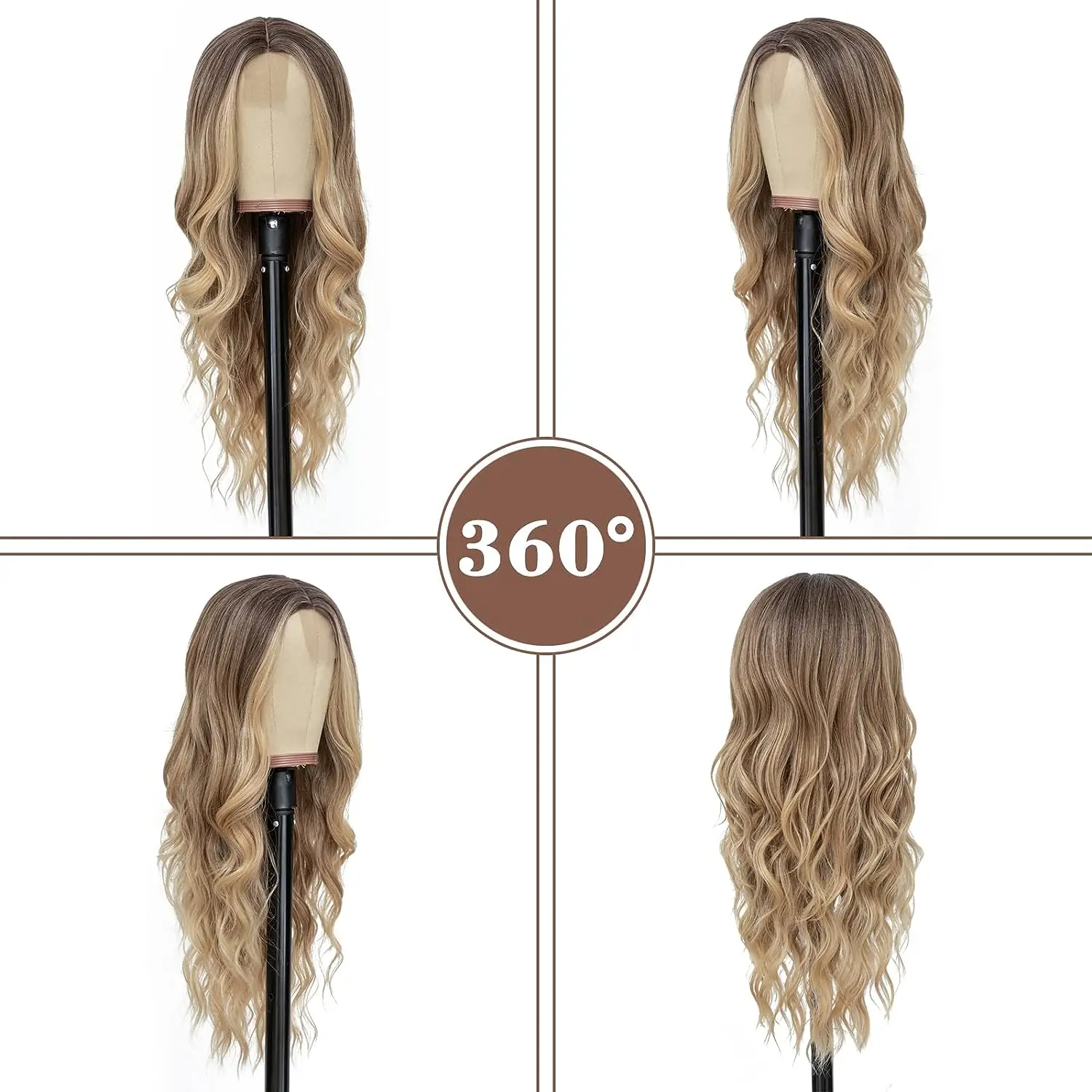 Synthetic Long Lace Ombre Blonde Wavy Wig for Women 26 Inch Middle Part Curly Natural Looking Heat Resistant Fiber for