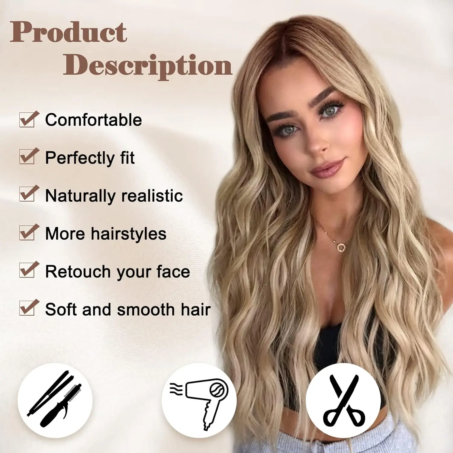 Synthetic Long Lace Ombre Blonde Wavy Wig for Women 26 Inch Middle Part Curly Natural Looking Heat Resistant Fiber for