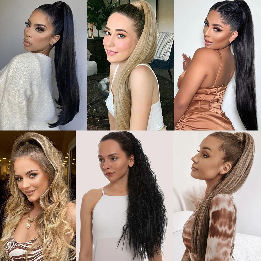 Synthetic Long Straight Claw Clip On Ponytail Hair Extensions 24Inch Heat Resistant Pony Tail Hair piece For Women