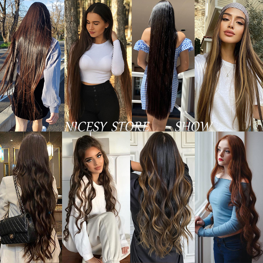 Synthetic Natural Wavy No Clip Fish Line Invisible Hair Extensions Mixed Color Blonde Black Artificial False Hair Piece