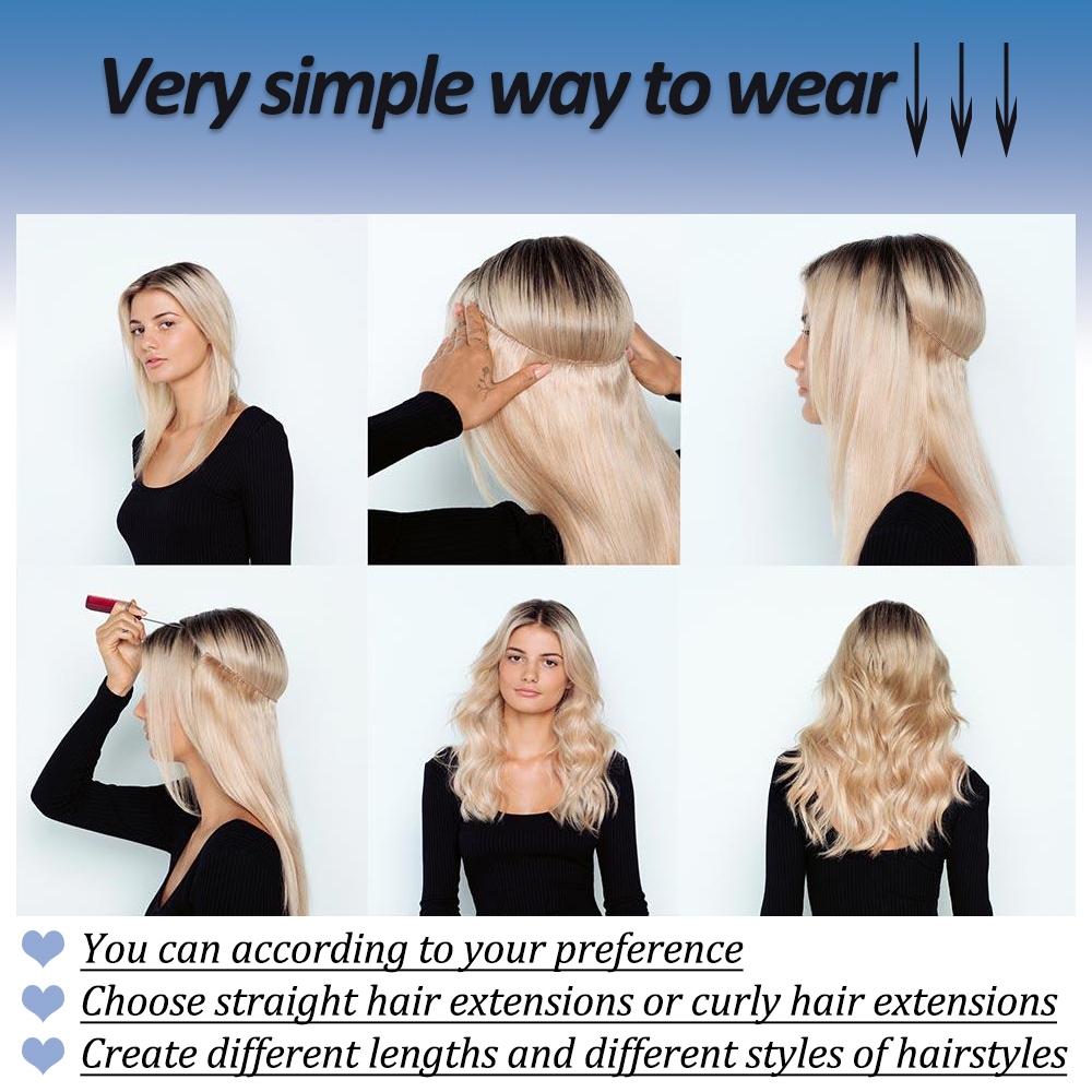Synthetic Natural Wavy No Clip Fish Line Invisible Hair Extensions Mixed Color Blonde Black Artificial False Hair Piece