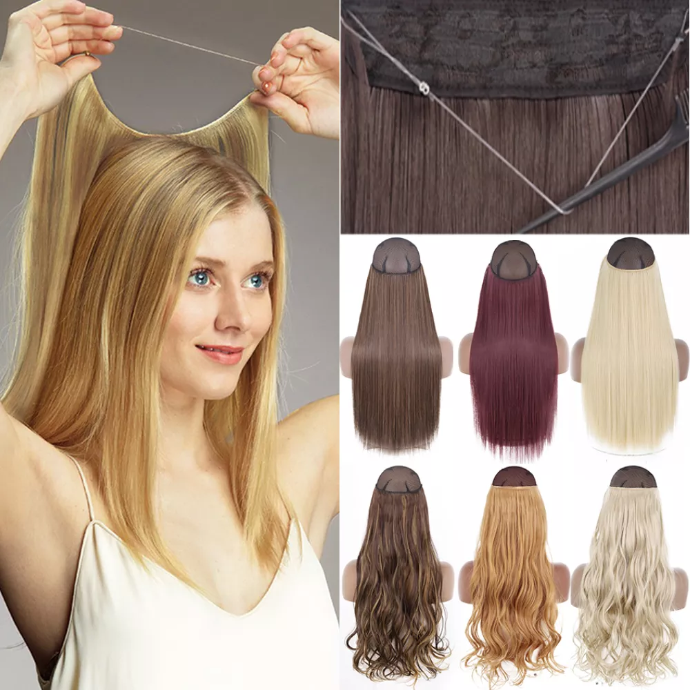 Synthetic No Clip Invisible Wire Hair Extensions Straight Black Blonde One Piece False Hairpiece Hair Extension