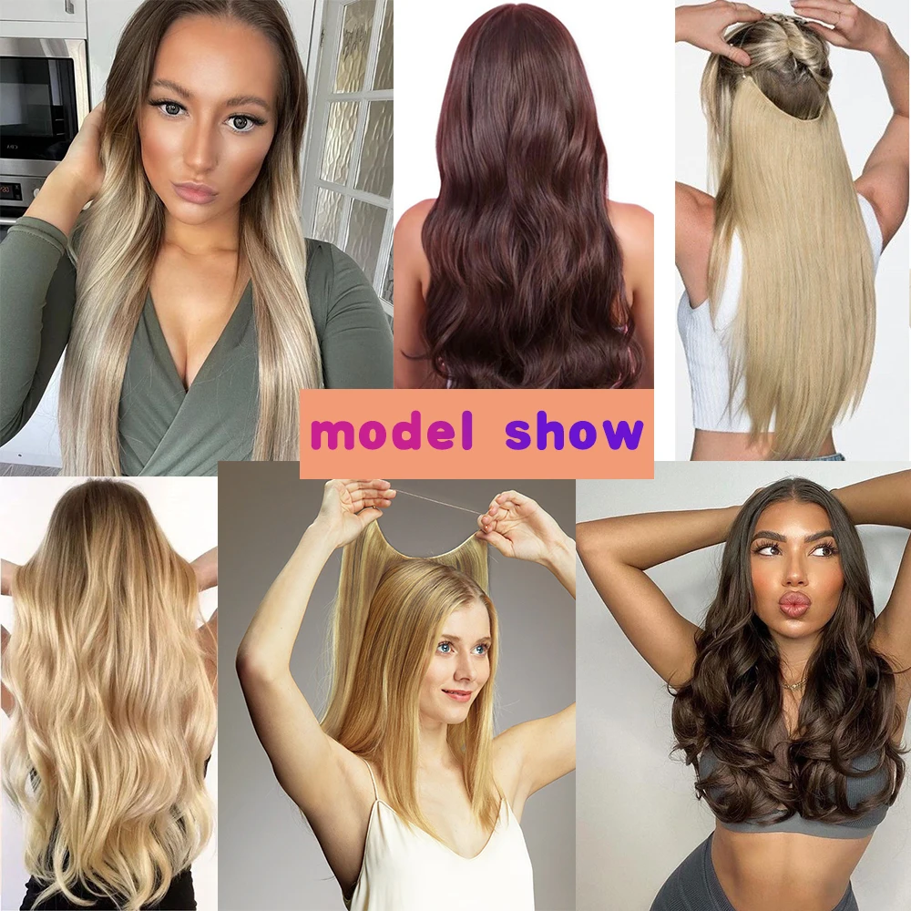 Synthetic No Clip Invisible Wire Hair Extensions Straight Black Blonde One Piece False Hairpiece Hair Extension Synthetic No Clip Invisible Wire Hair Extensions Straight Black Blonde One Piece False Hairpiece Hair Extension