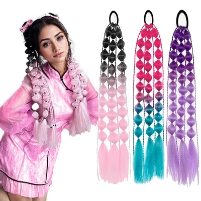 Synthetic Ponytail Extension Corlorful Bubble Braid Long Lantern Braided Ponytail with Hair Tie Straight Hairpieces Synthetic Ponytail Extension Corlorful Bubble Braid Long Lantern Braided Ponytail with Hair Tie Straight Hairpieces