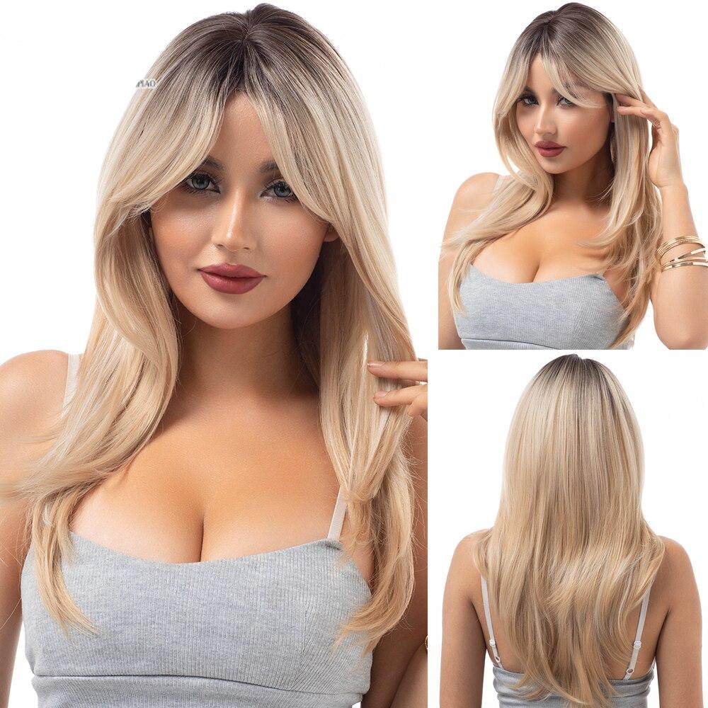 Synthetic Wig Ladies Long Blonde Eight Figure Bangs Layered Wigs Suitable For Everyday Parties