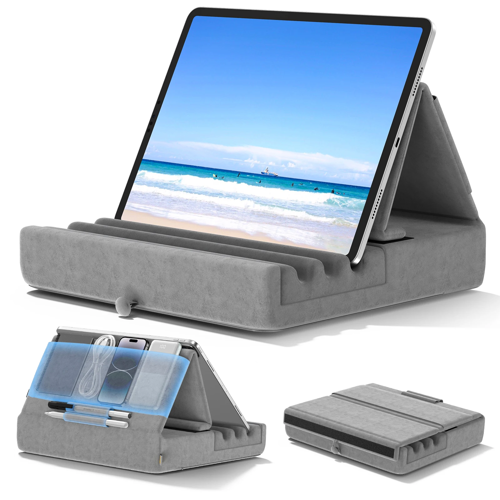 Tablet Pillow Holder Foldable iPad Stand for Lap Bed and Desk Tablet Soft Pad Dock with Pocket & Stylus Mount For iPad