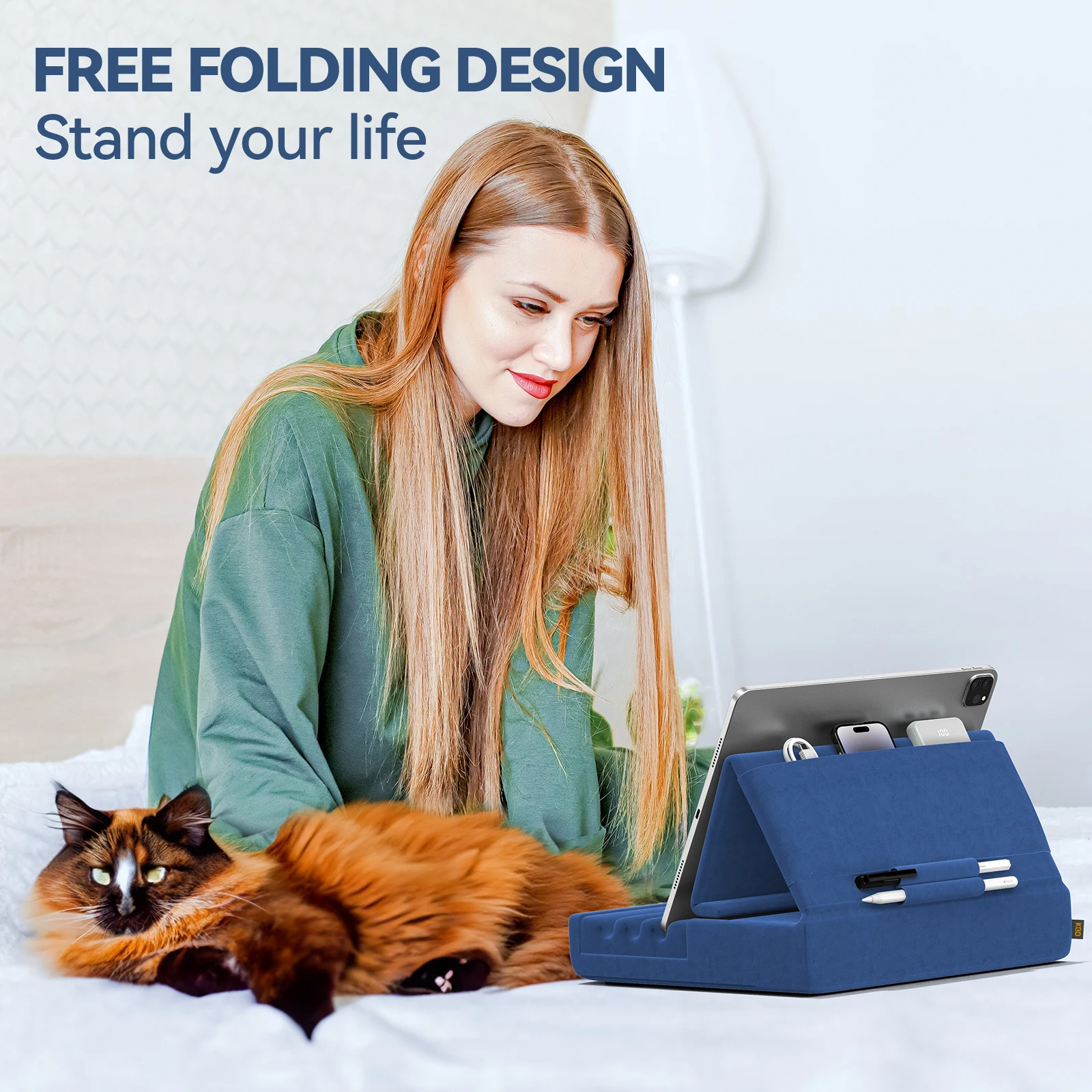 Tablet Pillow Holder Foldable iPad Stand for Lap Bed and Desk Tablet Soft Pad Dock with Pocket & Stylus Mount For iPad