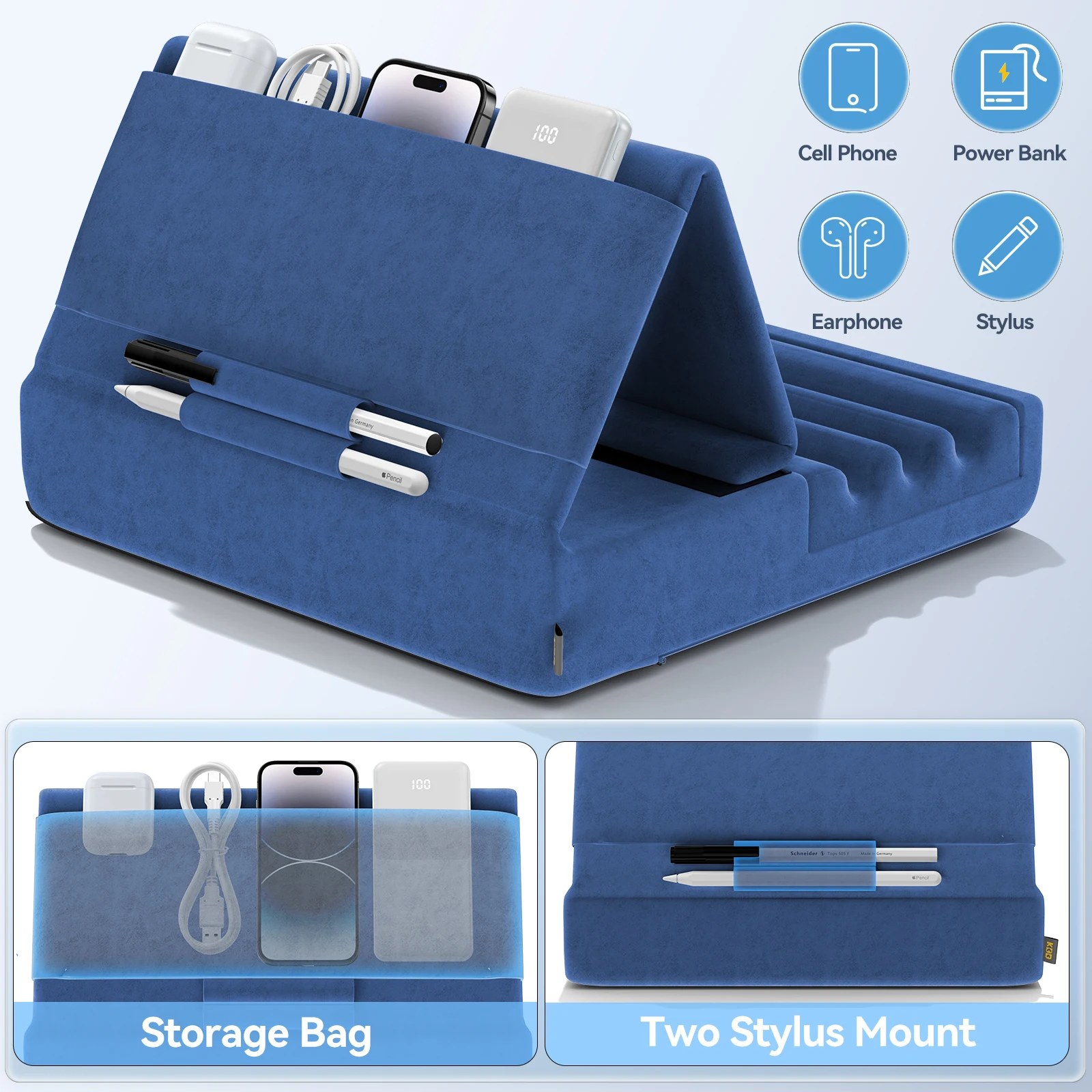 Tablet Pillow Holder Foldable iPad Stand for Lap Bed and Desk Tablet Soft Pad Dock with Pocket & Stylus Mount For iPad