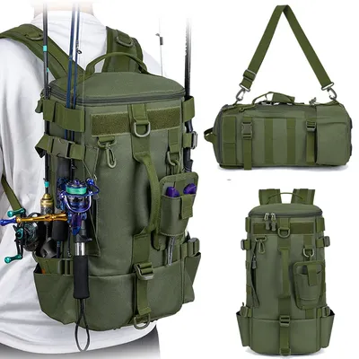 Tactical Fishing Backpack Tackle Bag with Rod Holders Fish Equipment Storage Molle Camping Hiking Outdoor