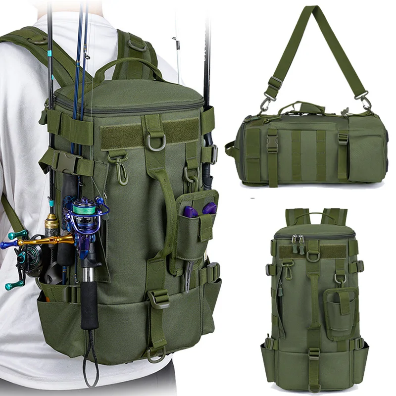 Tactical Fishing Backpack Tackle Bag with Rod Holders Fish Equipment Storage Molle Camping Hiking Outdoor
