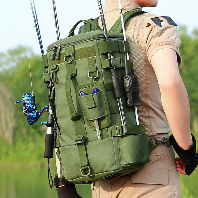 Tactical Fishing Backpack Tackle Bag with Rod Holders Fish Equipment Storage Molle Camping Hiking Outdoor
