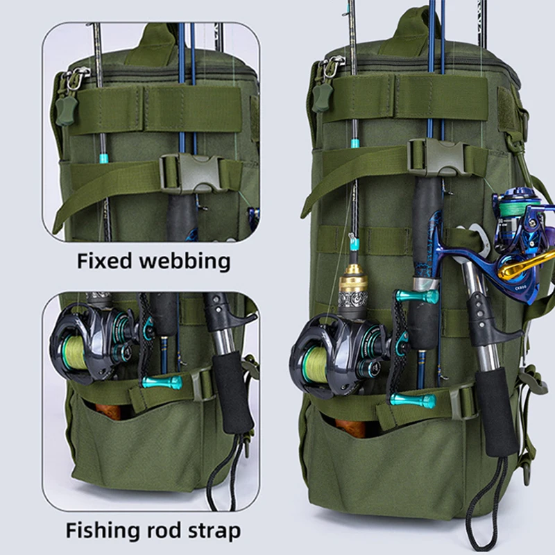 Tactical Fishing Backpack Tackle Bag with Rod Holders Fish Equipment Storage Molle Camping Hiking Outdoor