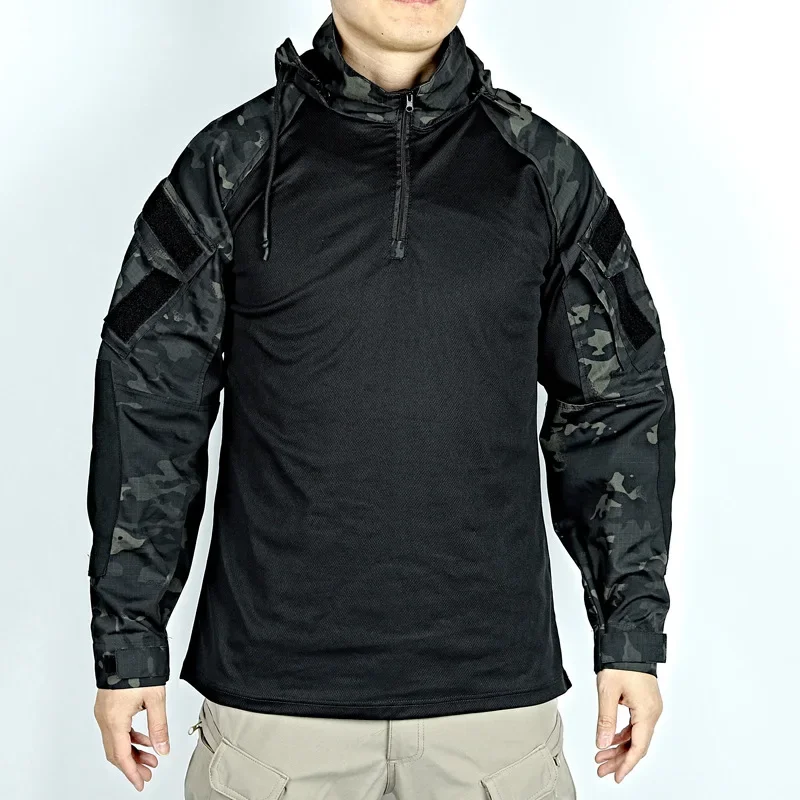 Tactical Shirts Men Military Long Sleeved Combact T-shirts Camouflage Hooded Quick-dry CS Paintball T-Shirt SWAT Spring