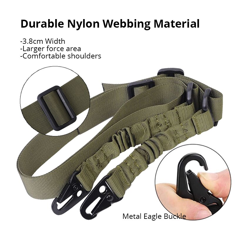 Tactical Two Points Sling Bungee Shoulder Strap Durable Nylon Rifle Belt Heavy Duty Sling for Outdoor Hunting Sports