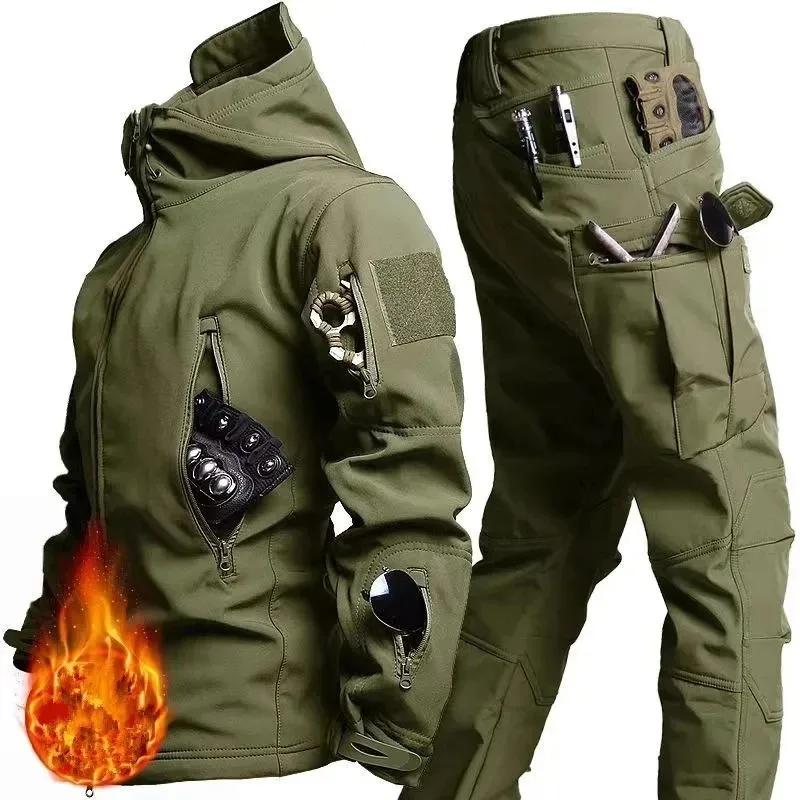 Tactical Winter Set Men's Outdoor Windproof Waterproof Suit Multi-Pocket Soft Shell Hooded Jackets Sharkskin Work Pants